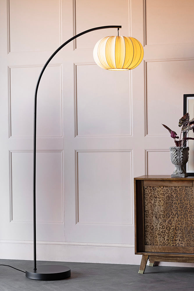 Black Arch Floor Lamp with Neutral Pleated Fabric Lampshade