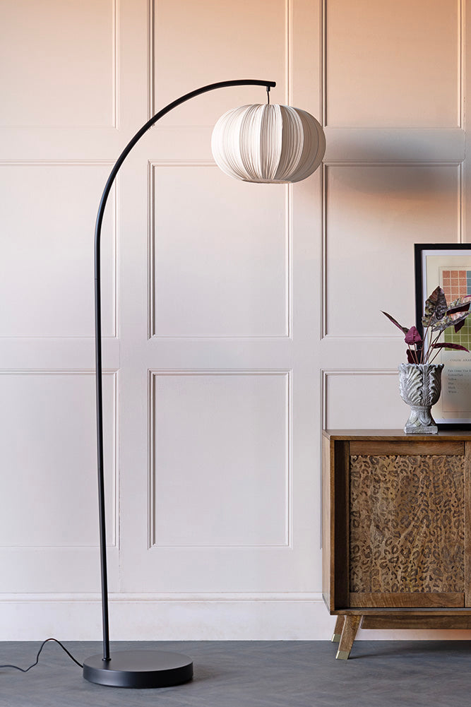 Black Arch Floor Lamp with Neutral Pleated Fabric Lampshade
