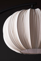 Black Arch Floor Lamp with Neutral Pleated Fabric Lampshade