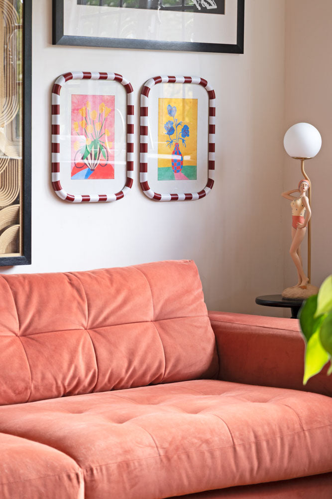 Set of 2 Red & White Striped Frames with Colourful Flower Prints