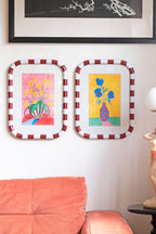 Set of 2 Red & White Striped Frames with Colourful Flower Prints