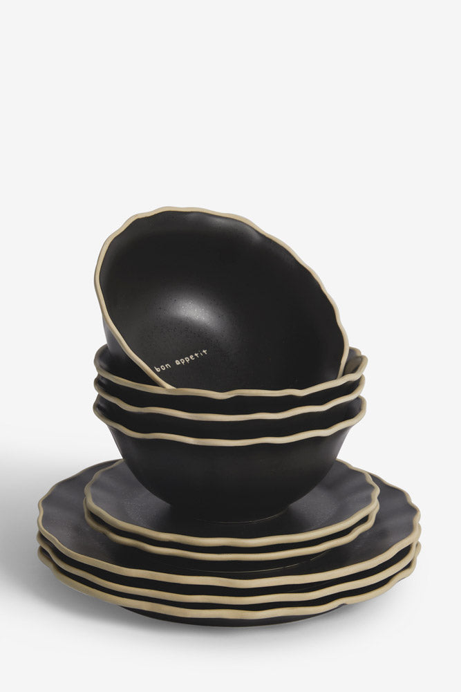 12 Piece Black & Off-White Edge Bon Appetit Dinner Set
