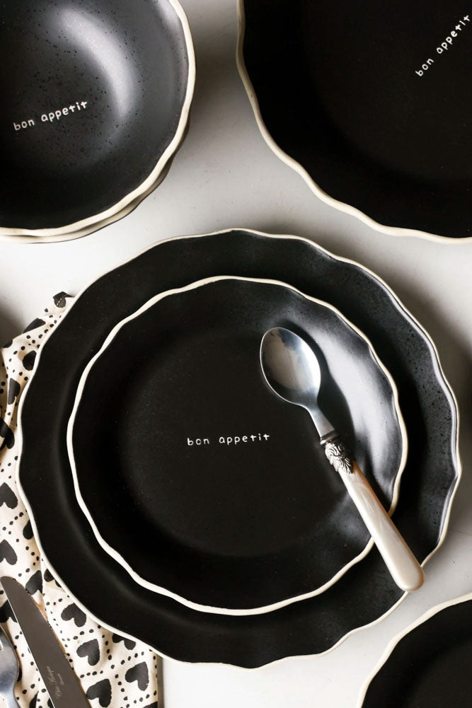 12 Piece Black & Off-White Edge Bon Appetit Dinner Set