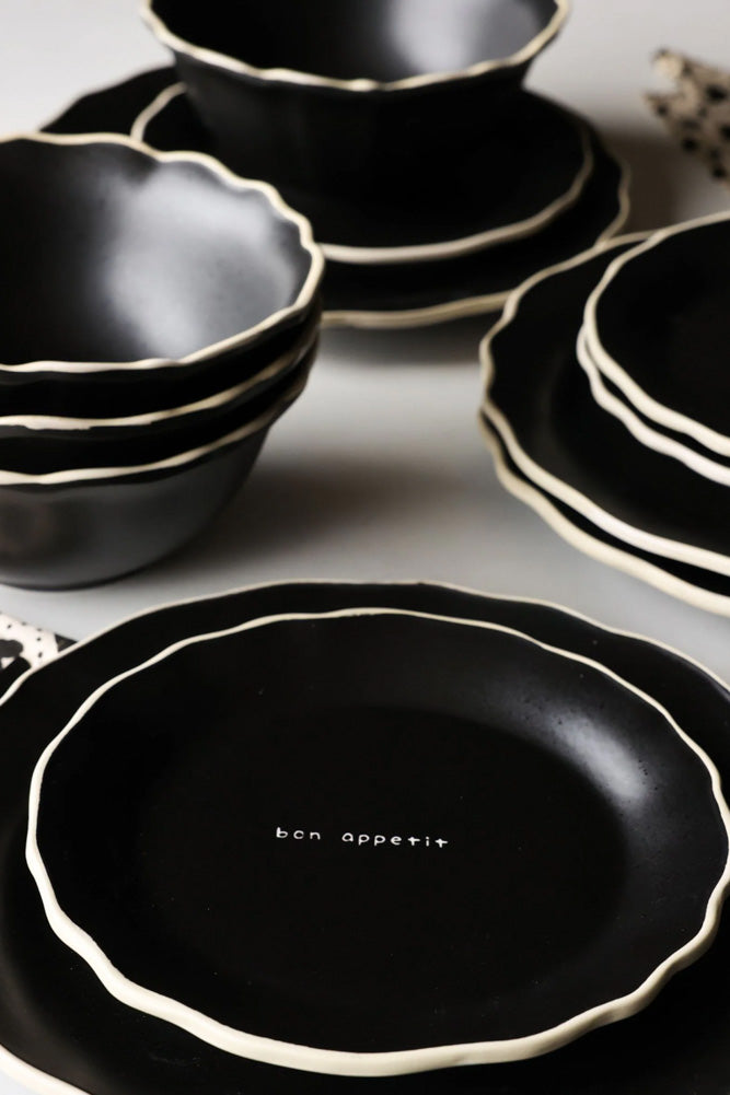 12 Piece Black & Off-White Edge Bon Appetit Dinner Set
