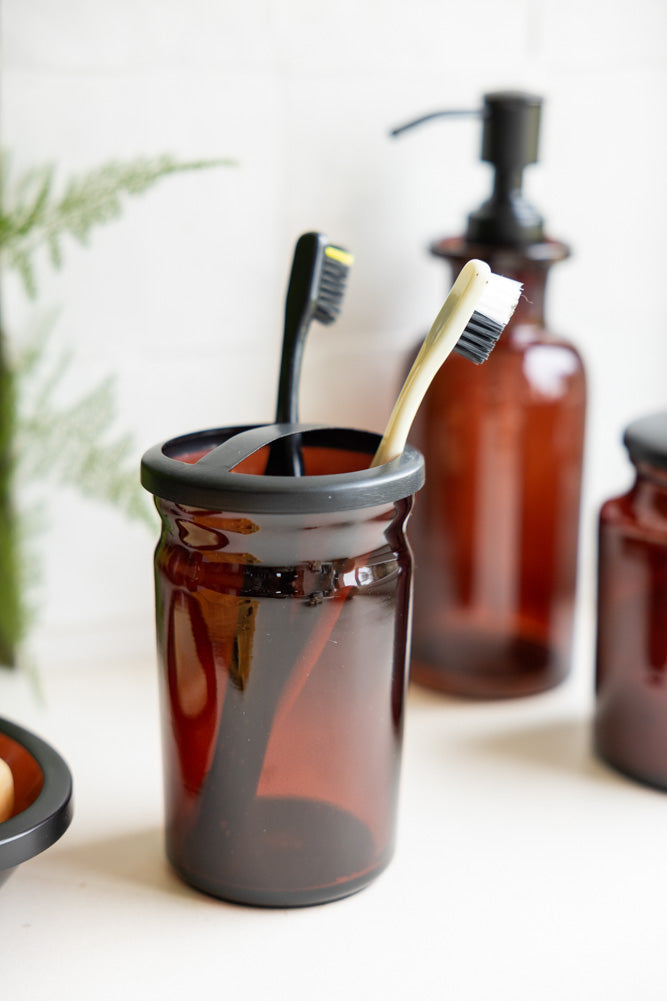 Apothecary-Style Amber Glass Toothbrush Holder