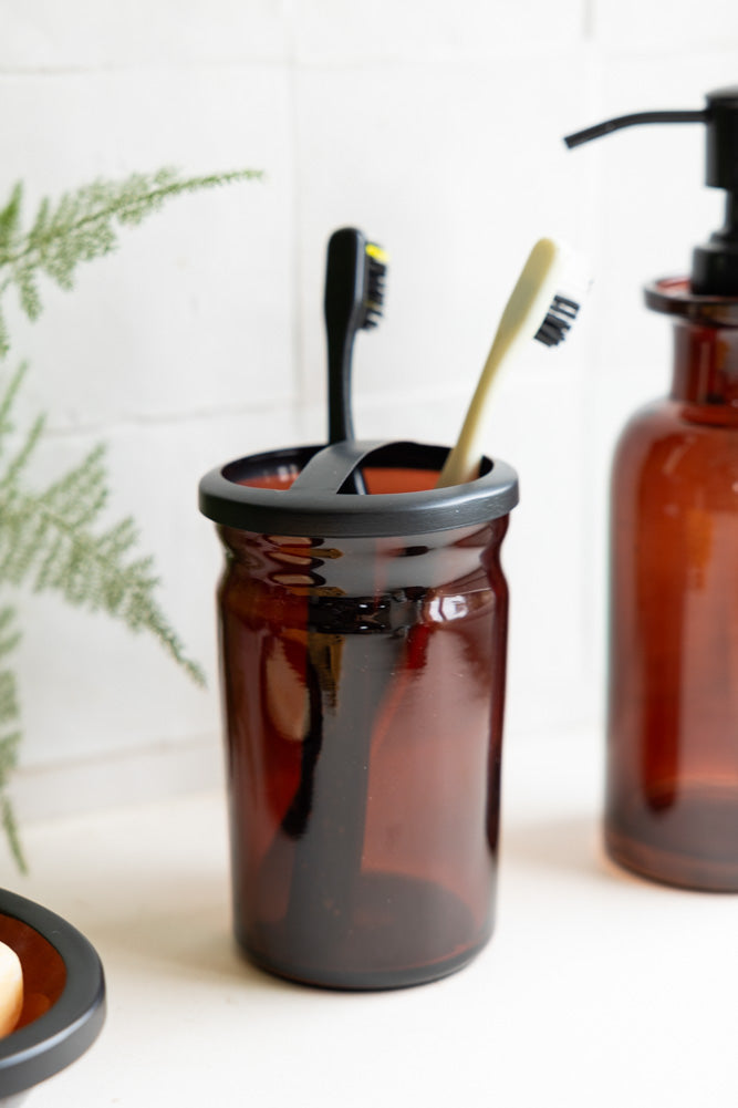Apothecary-Style Amber Glass Toothbrush Holder
