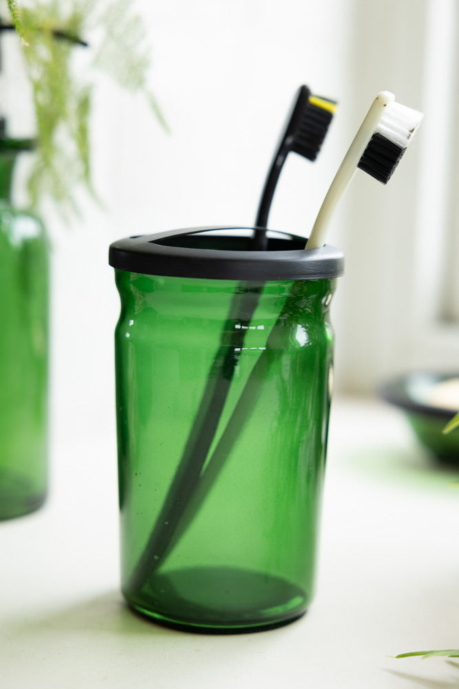 Apothecary-Style Green Glass Toothbrush Holder