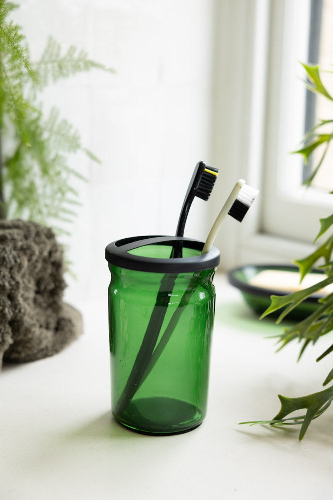 Apothecary-Style Green Glass Toothbrush Holder