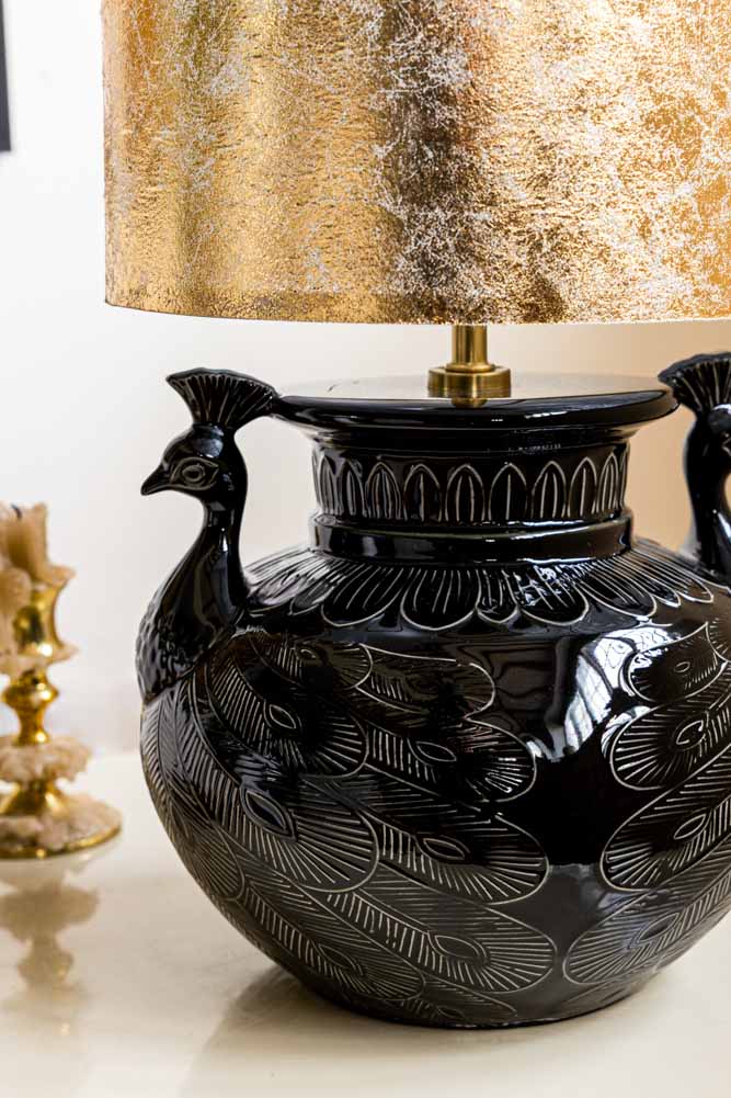 Beautiful Peacock & Gold Leaf Effect Table Lamp