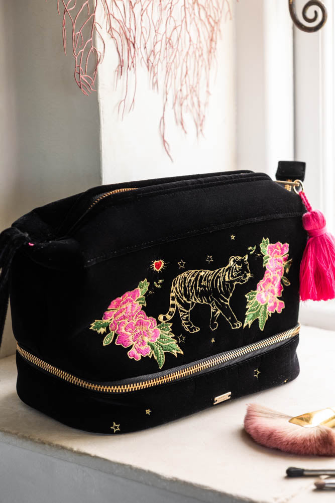 Black Embroidered Tiger Velvet Wash Bag