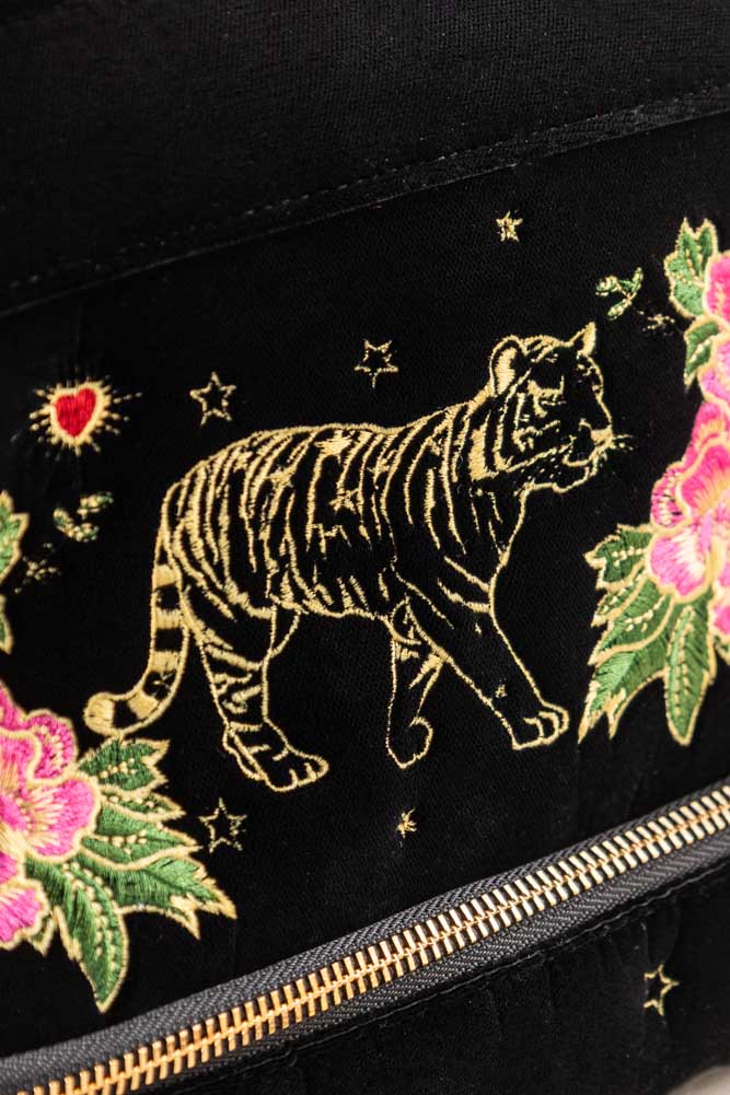 Black Embroidered Tiger Velvet Wash Bag