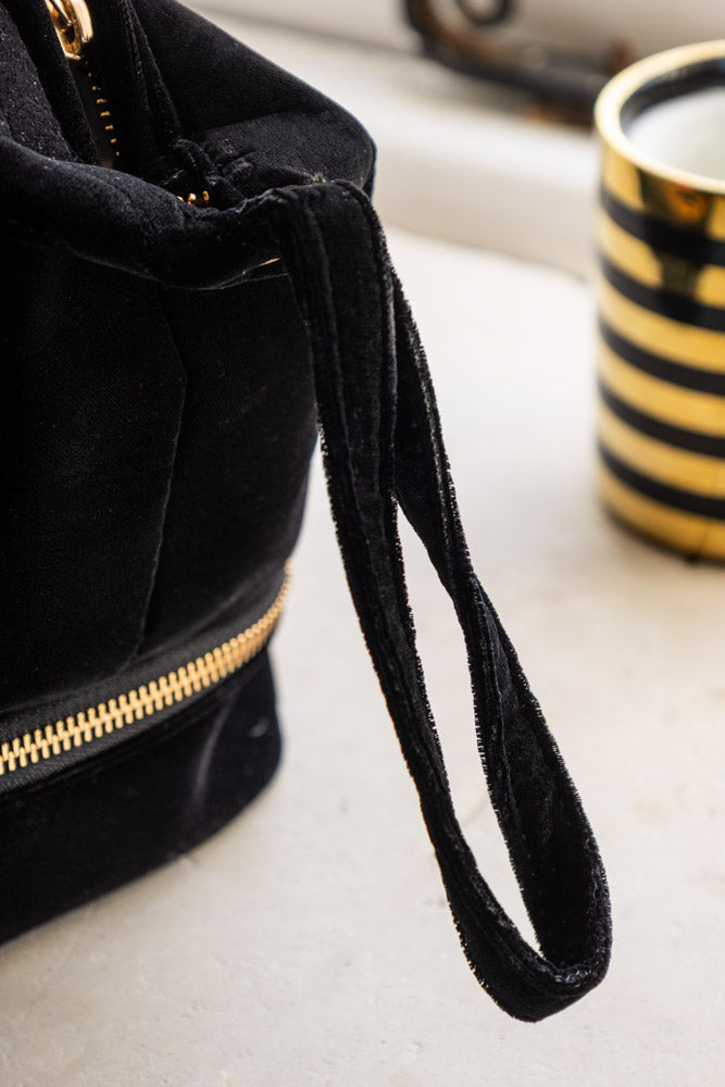 Black Embroidered Tiger Velvet Wash Bag