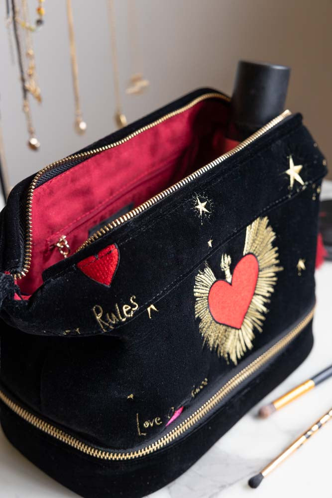 Black Milagro Heart Velvet Wash Bag