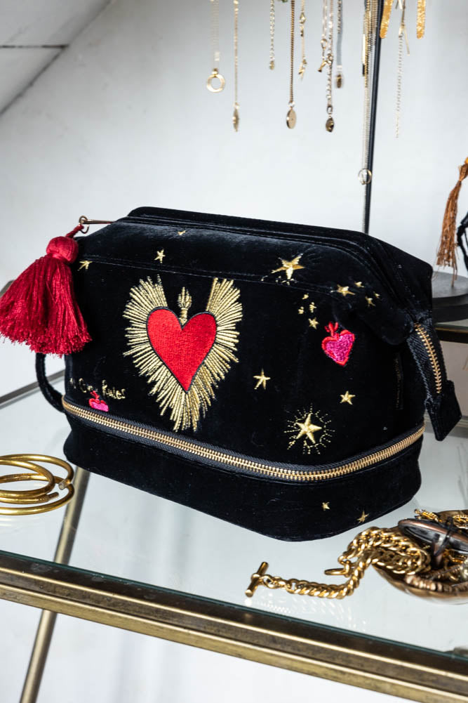 Black Milagro Heart Velvet Wash Bag