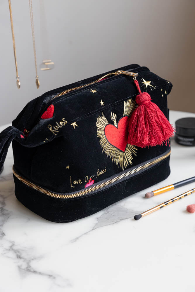 Black Milagro Heart Velvet Wash Bag