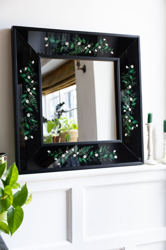 Black & Floral Wooden Framed Mirror