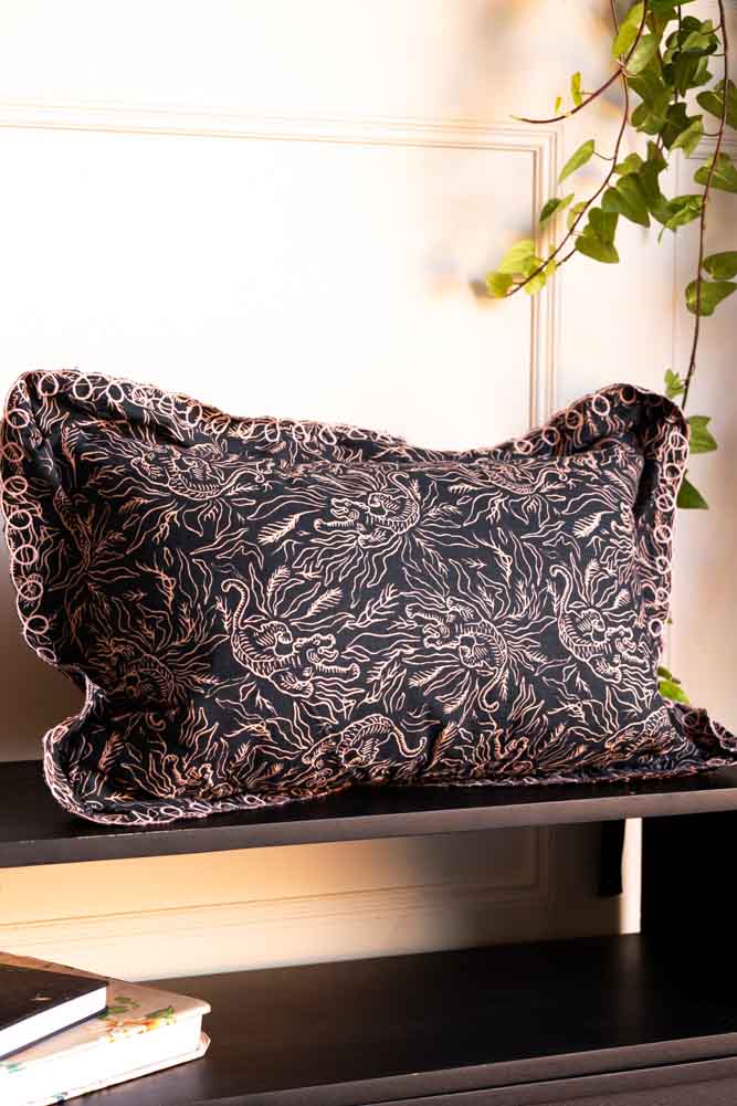 Black & Pink Tiger Cushion With Pretty Scalloped Edge