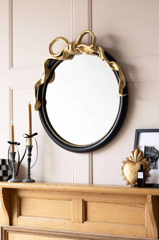 Black & Gold Bow Round Wall Mirror