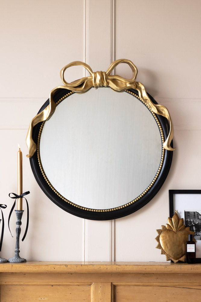 Black & Gold Bow Round Wall Mirror