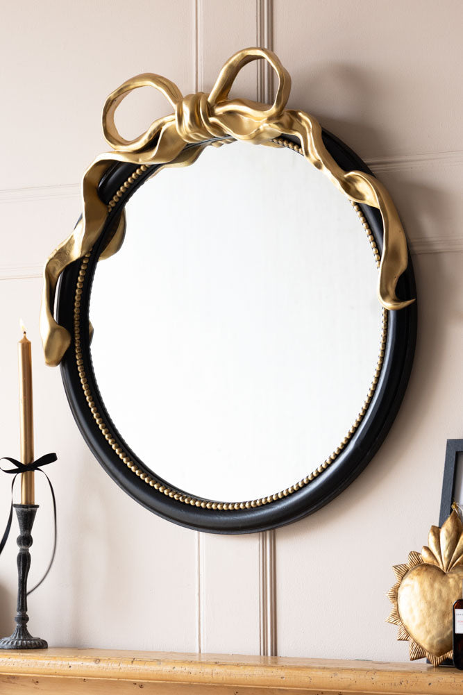 Black & Gold Bow Round Wall Mirror