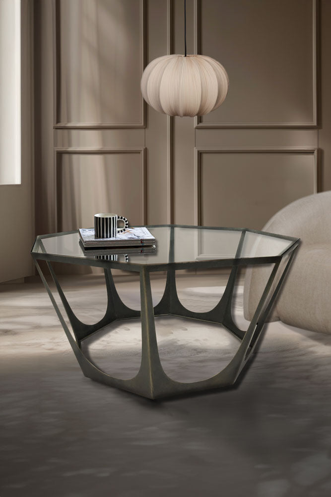 Bronze Sculpted Coffee Table with Glass Top