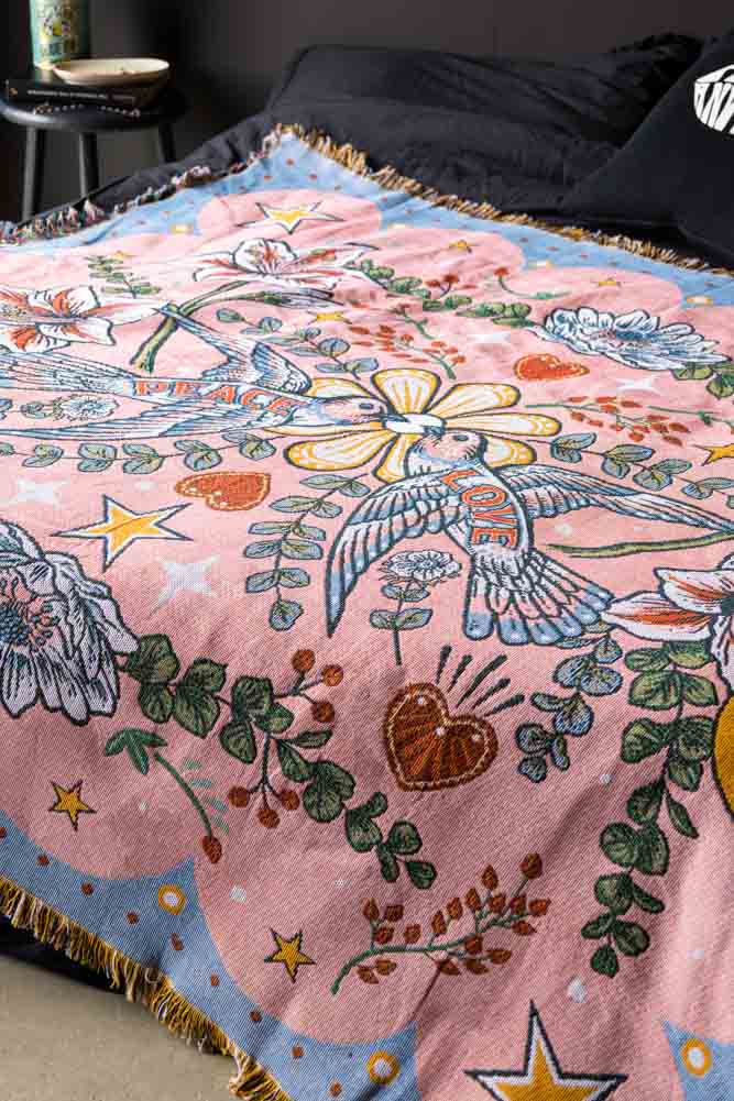 Denim & Bone Blue Lovebirds Woven Cotton Throw