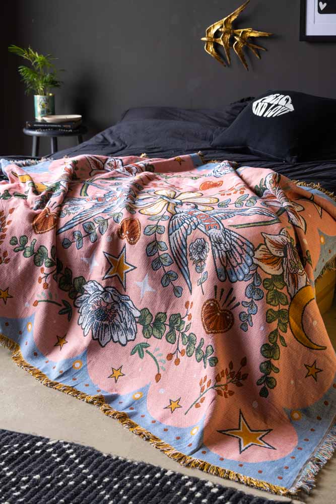 Denim & Bone Blue Lovebirds Woven Cotton Throw