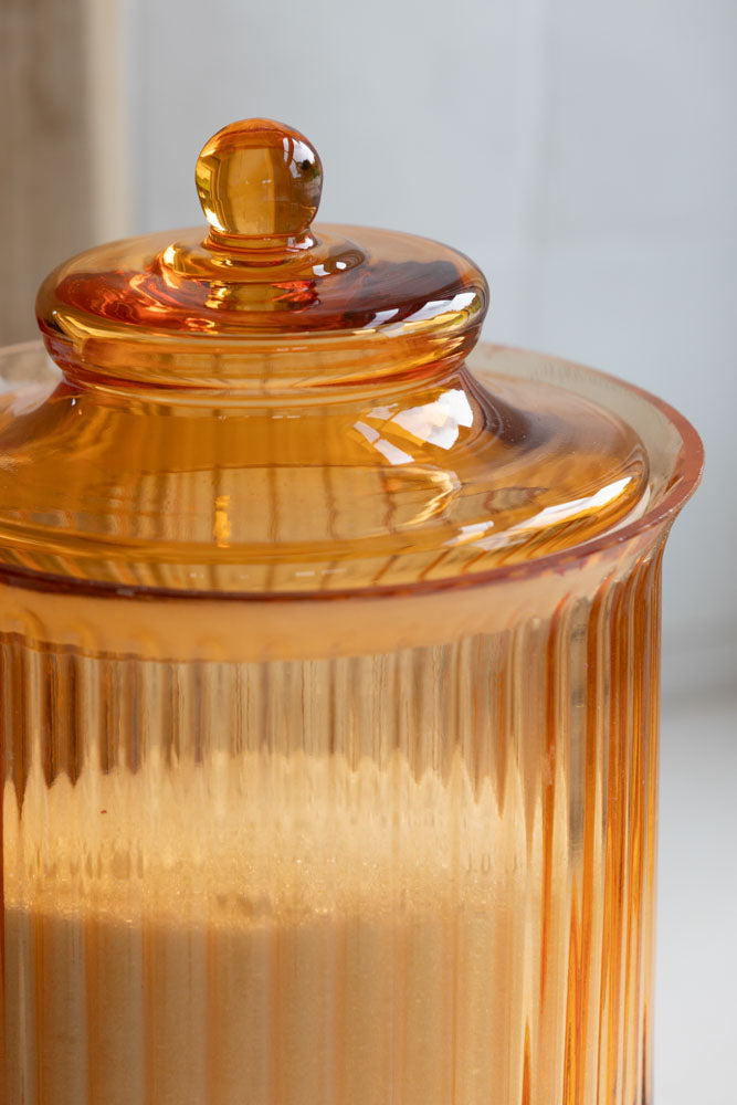 Elegant Ribbed Glass Storage Jar in Amber