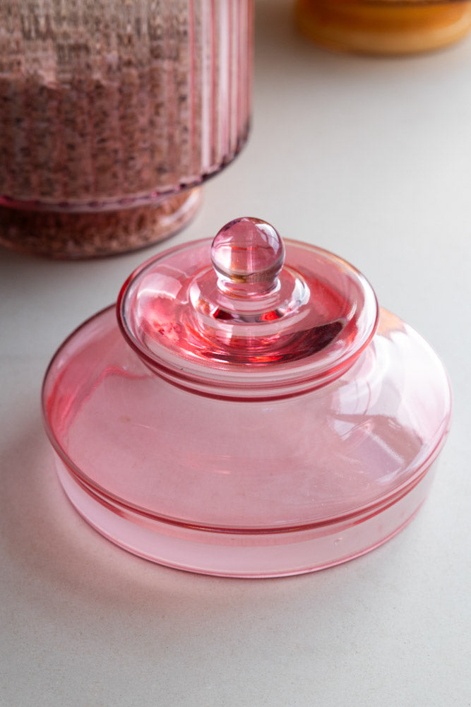 Elegant Ribbed Glass Storage Jar in Pink
