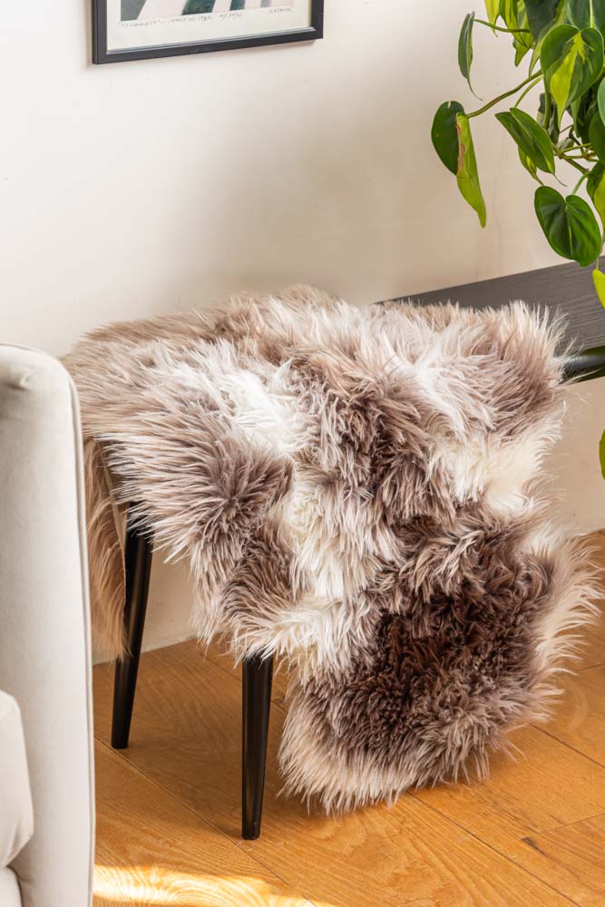 Faux Sheepskin Rug in White & Walnut