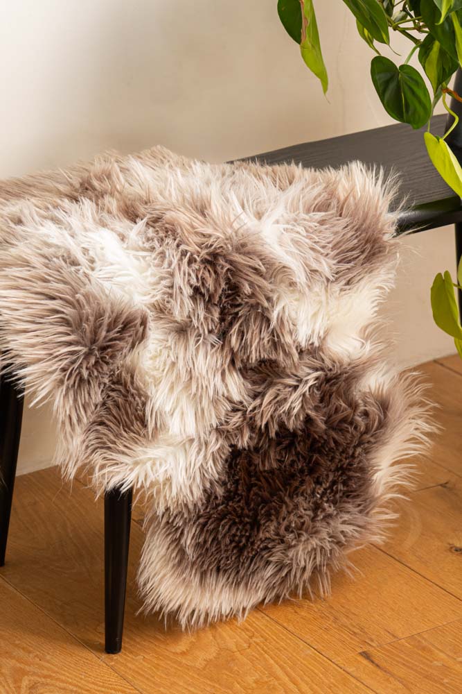 Faux Sheepskin Rug in White & Walnut