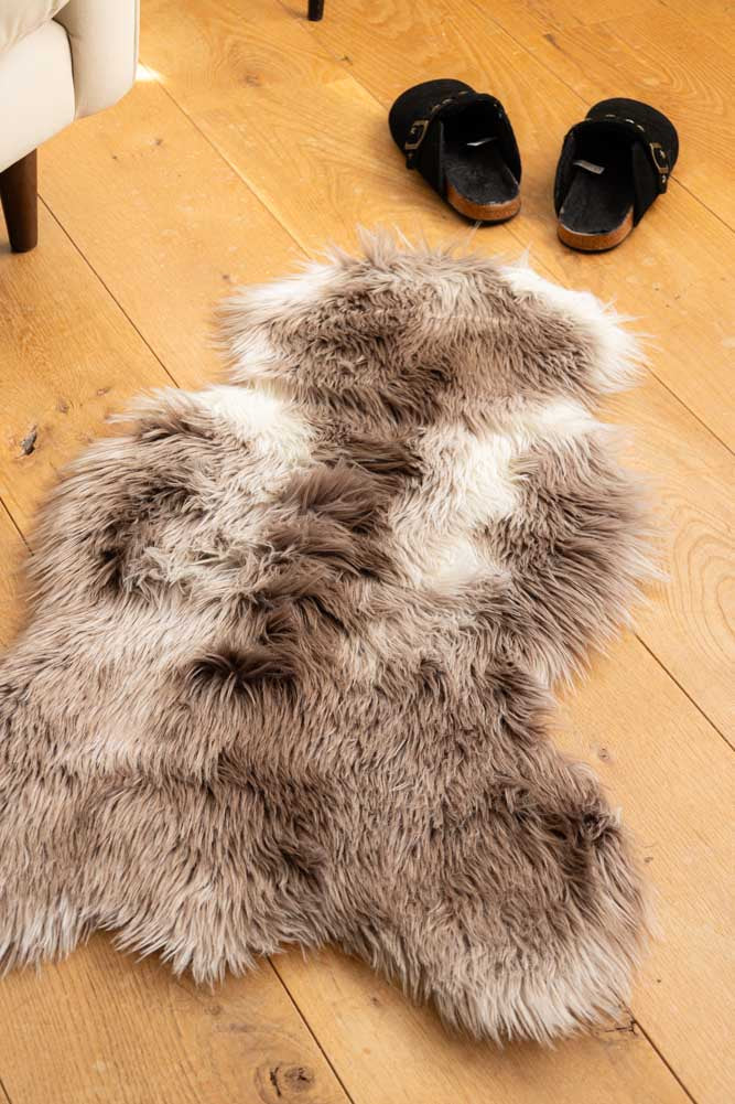 Faux Sheepskin Rug in White & Walnut