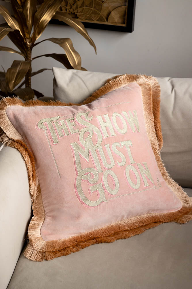 Pink Velvet Double-Fringed Show Must Go On Embroidered Cushion