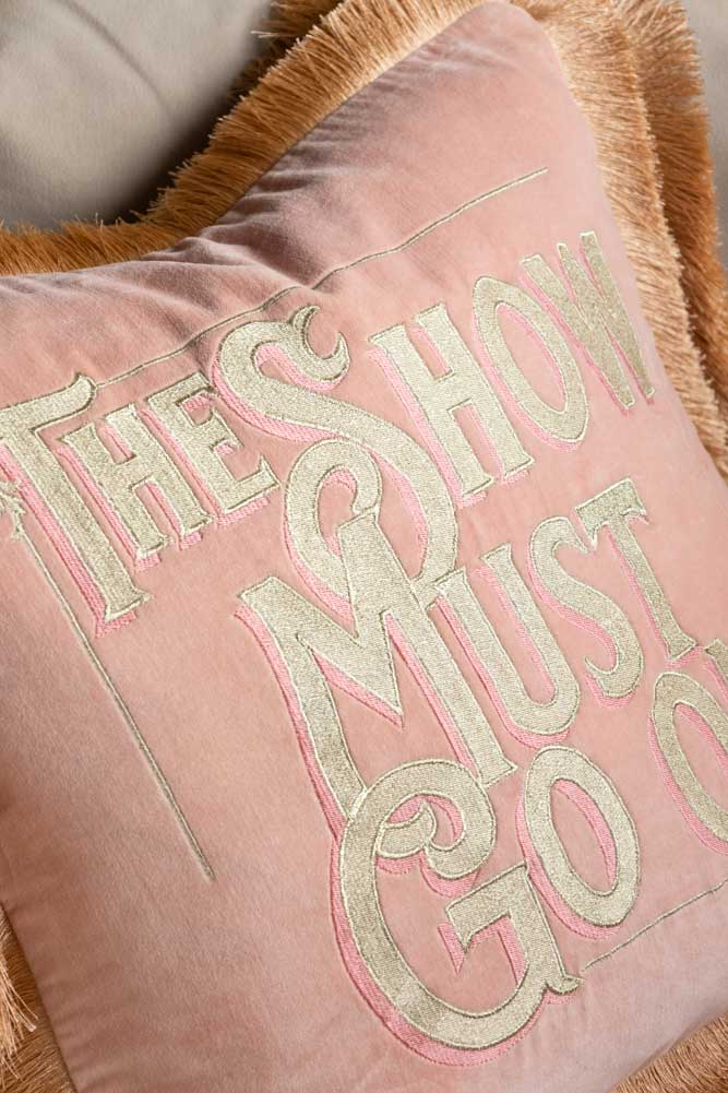 Pink Velvet Double-Fringed Show Must Go On Embroidered Cushion
