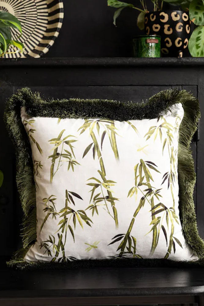 Green Bamboo Print Cushion With Fringe Edge Detailing