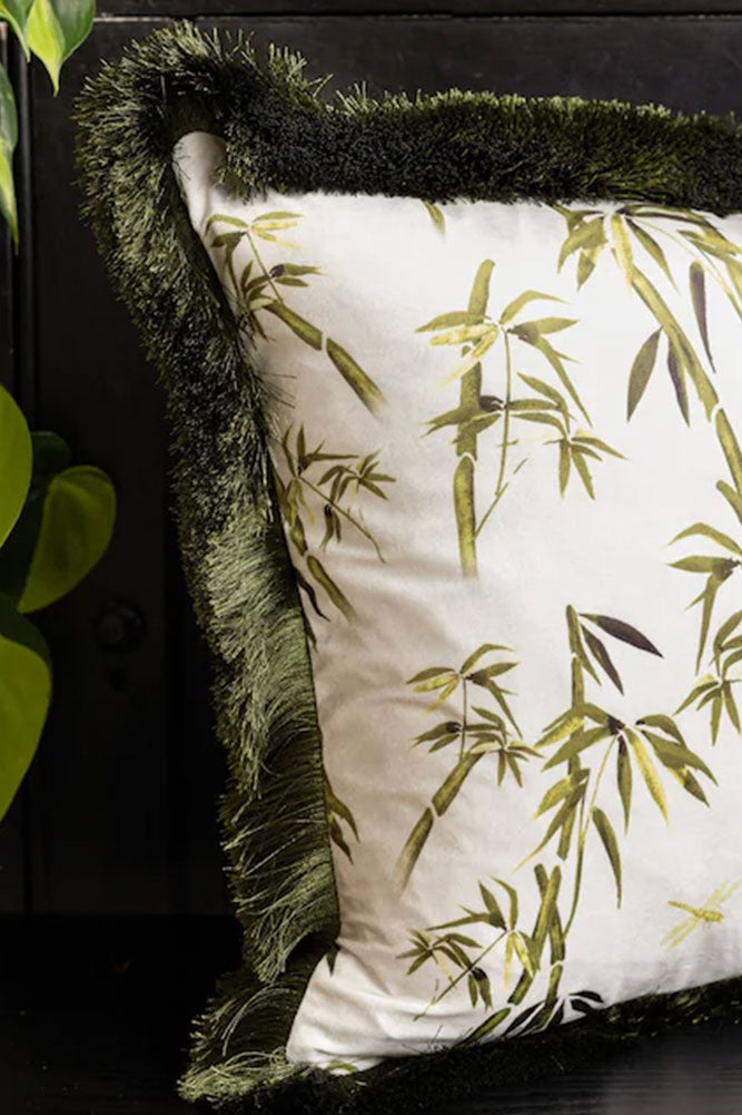 Green Bamboo Print Cushion With Fringe Edge Detailing