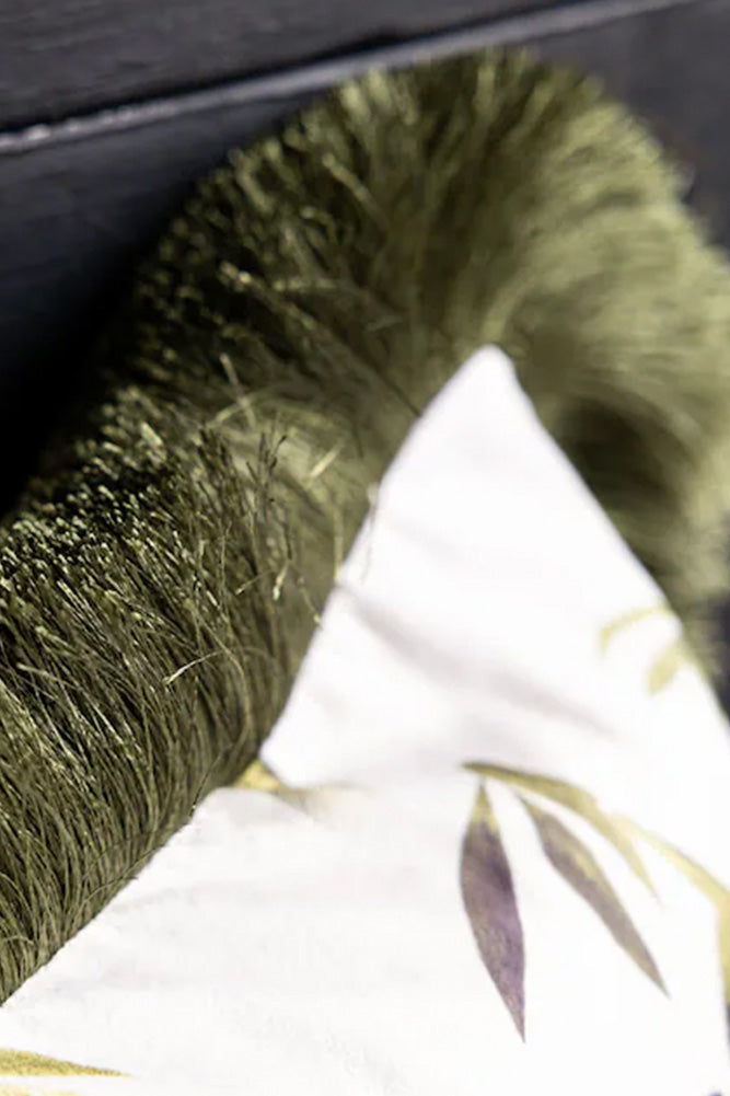 Green Bamboo Print Cushion With Fringe Edge Detailing