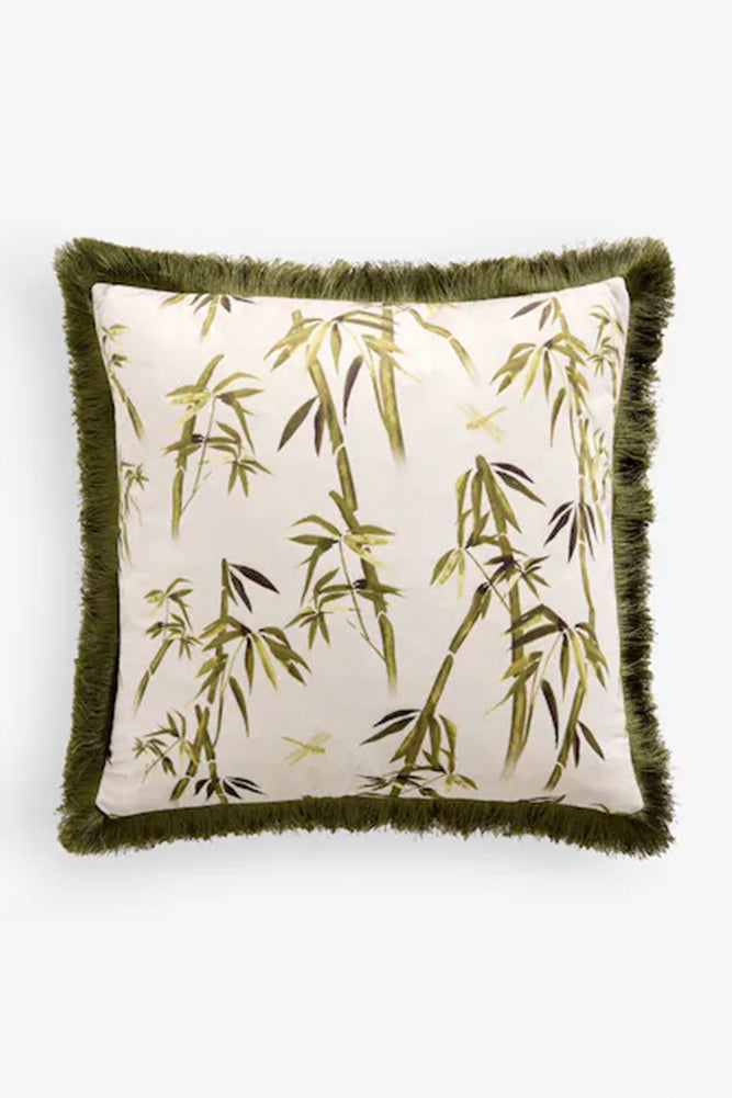 Green Bamboo Print Cushion With Fringe Edge Detailing
