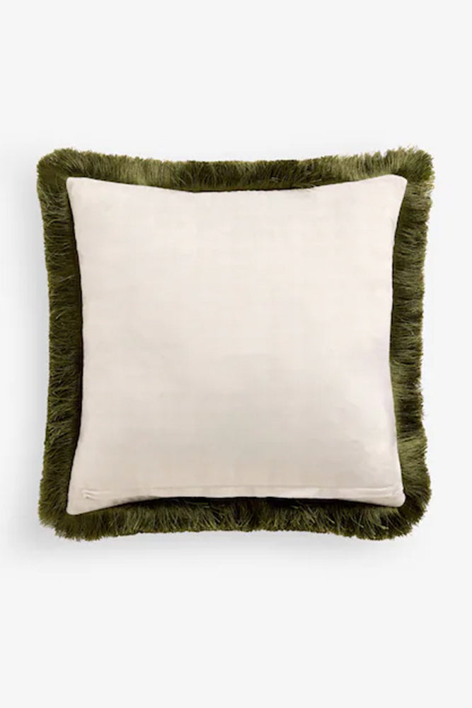 Green Bamboo Print Cushion With Fringe Edge Detailing