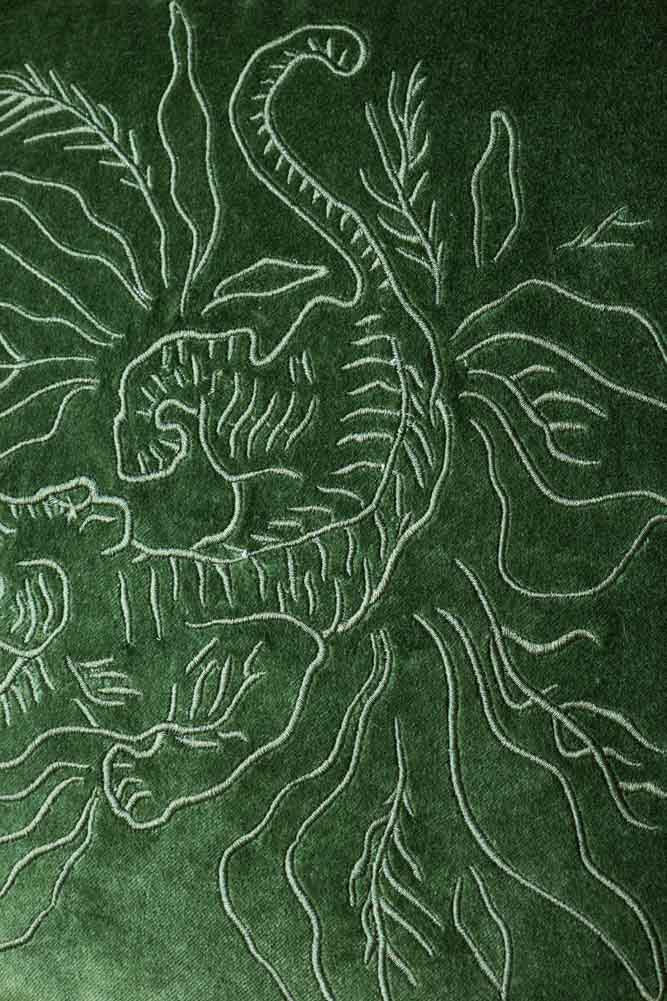 Green Velvet & Monochrome Stripe Embroidered Tiger Cushion