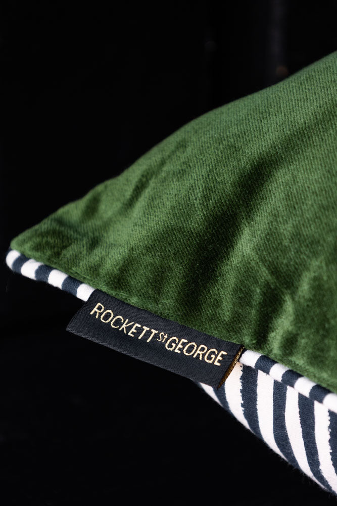 Green Velvet & Monochrome Stripe Embroidered Tiger Cushion