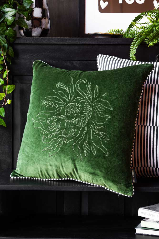 Green Velvet & Monochrome Stripe Embroidered Tiger Cushion