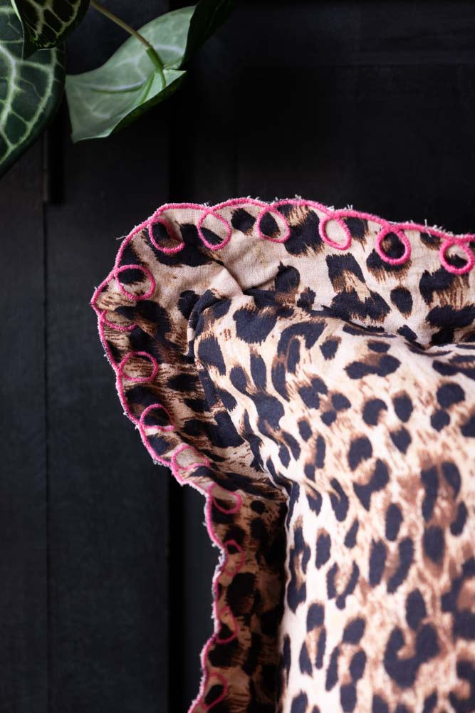 Leopard Print Cushion With Pink Scalloped Edge