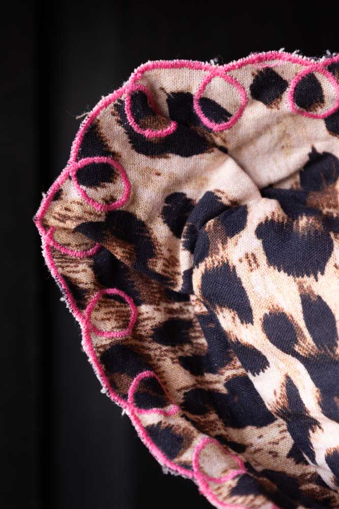 Leopard Print Cushion With Pink Scalloped Edge