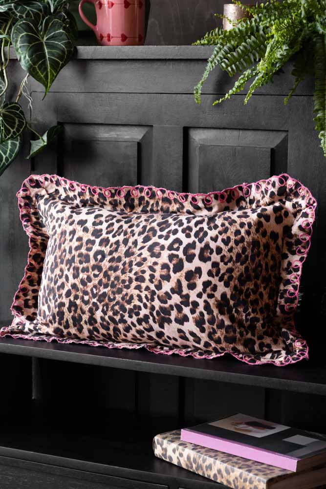 Leopard Print Cushion With Pink Scalloped Edge