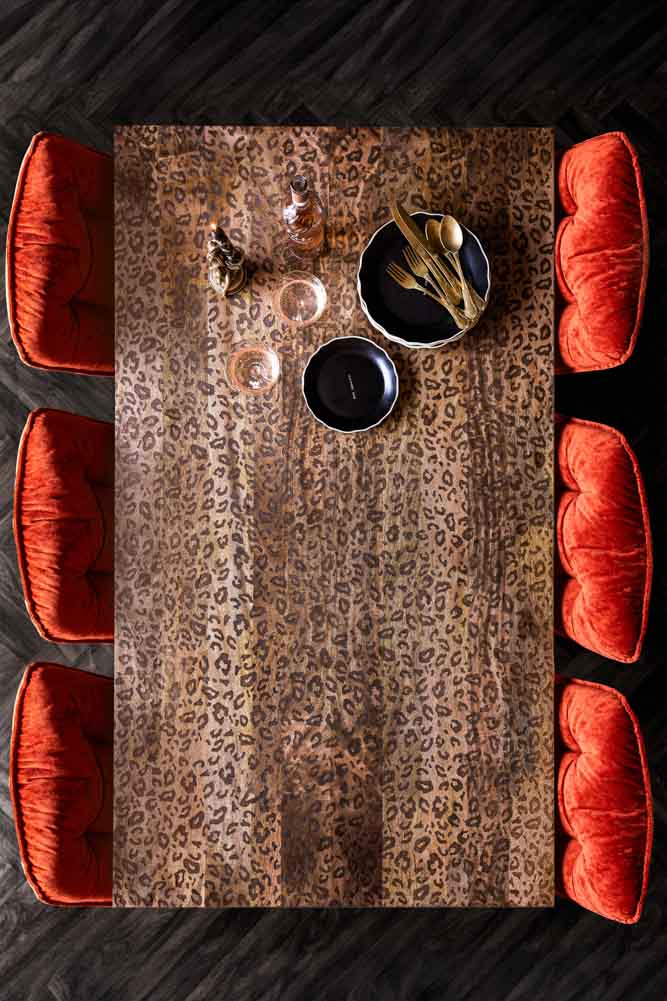 Leopard Print Natural Wood 6 Seater Dining Table