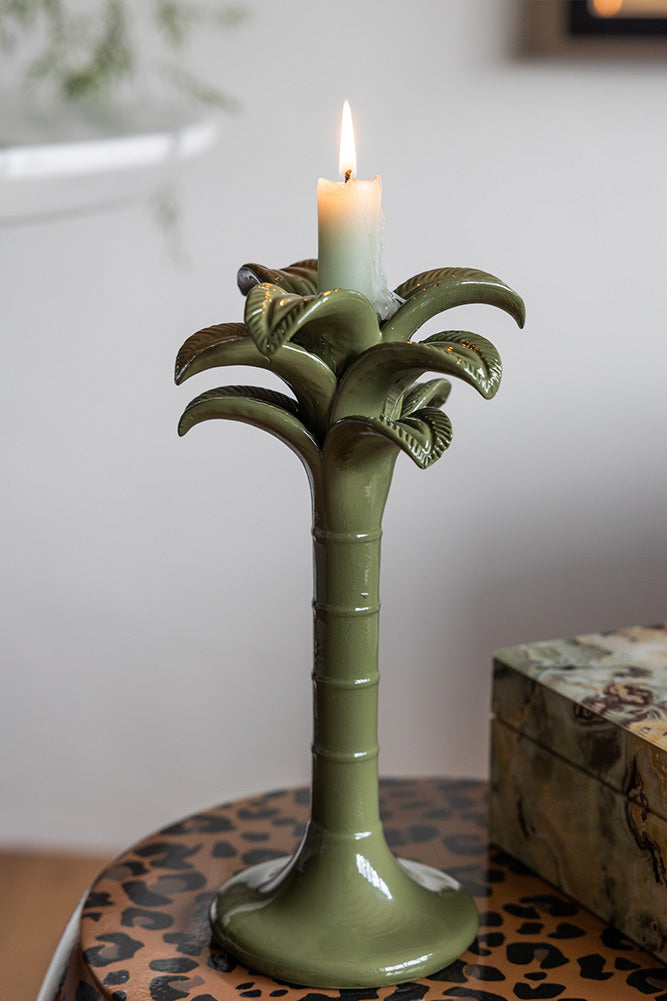 Olive Green Palm Tree Candlestick Holder