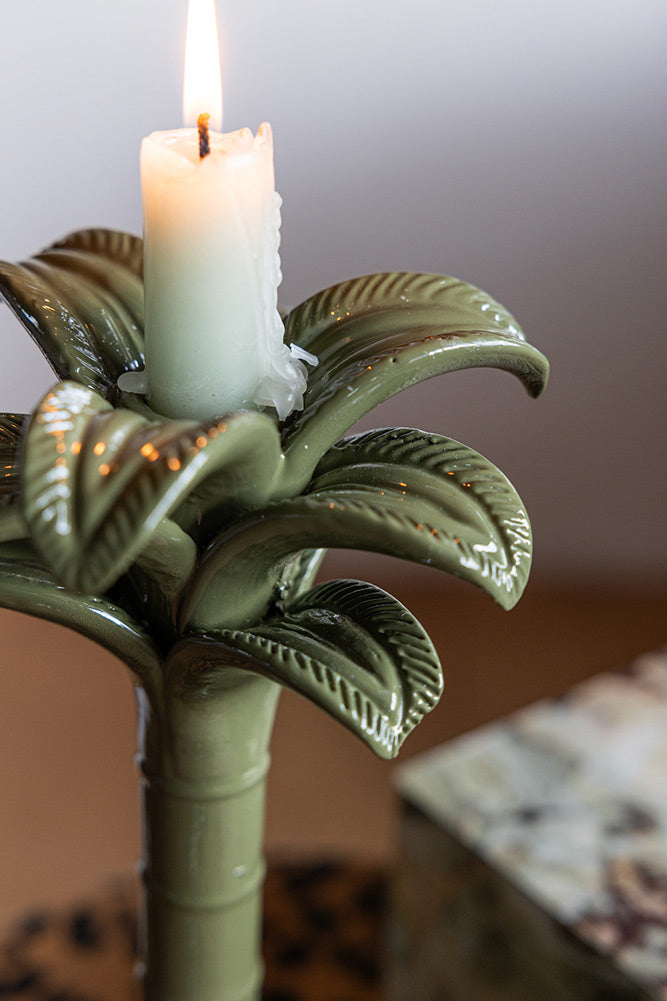 Olive Green Palm Tree Candlestick Holder