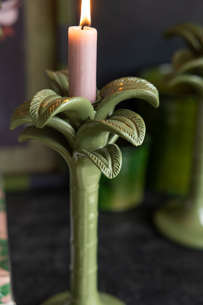 Olive Green Palm Tree Candlestick Holder