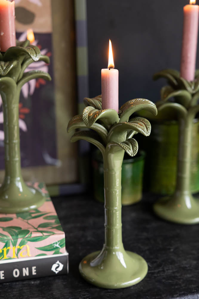 Olive Green Palm Tree Candlestick Holder